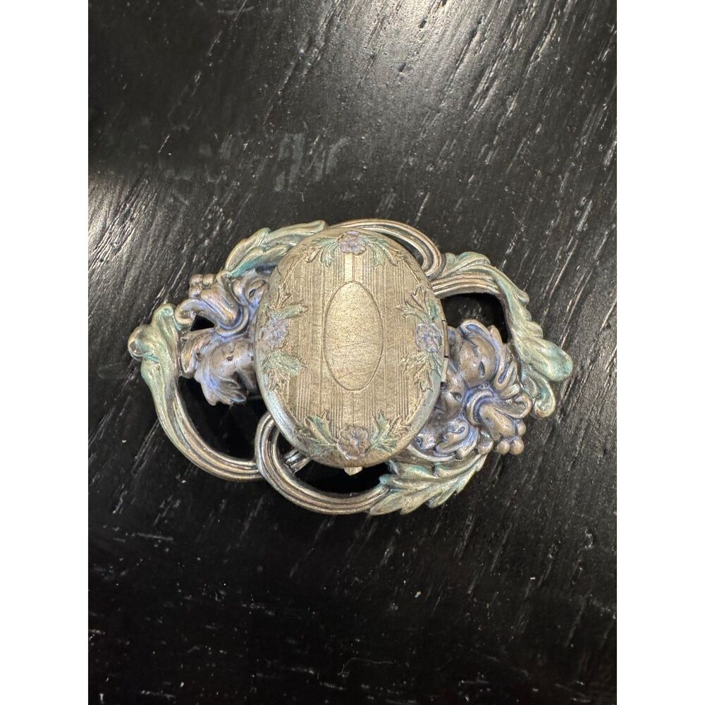 Vintage Art Nouveau Style Silver Tone Locket Brooch Pin Faux Verdigris Patina